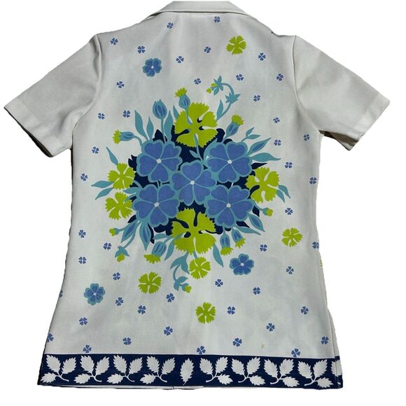 70s Boho White Button Down Shirt w/Floral Print Trim Collared - Small‎ - Picture 2 of 9